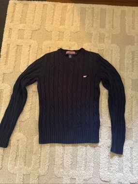 Vineyard Vines Navy Cable-Knit Crewneck Sweater with Pink Whale